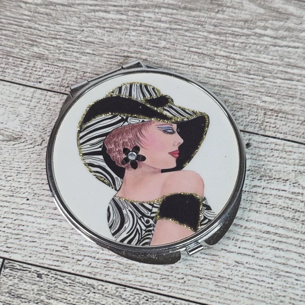 Flapper Art Deco Hinged Round Compact Mirror Make up Pocket Lady Small VTG